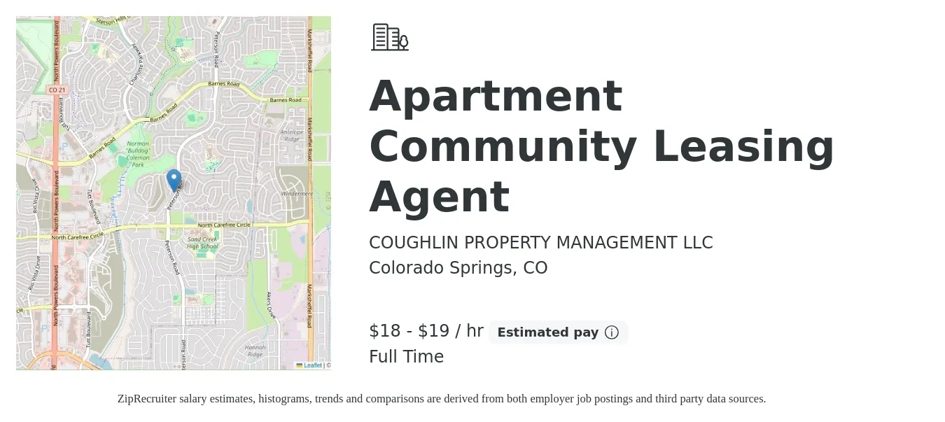 COUGHLIN PROPERTY MANAGEMENT LLC job posting for a Apartment Community Leasing Agent in Colorado Springs, CO with a salary of $19 to $20 Hourly with a map of Colorado Springs location.