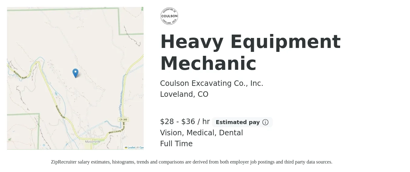 Coulson Excavating Co., Inc. job posting for a Heavy Equipment Mechanic in Loveland, CO with a salary of $30 to $38 Hourly and benefits including vision, dental, medical, pto, and retirement with a map of Loveland location.