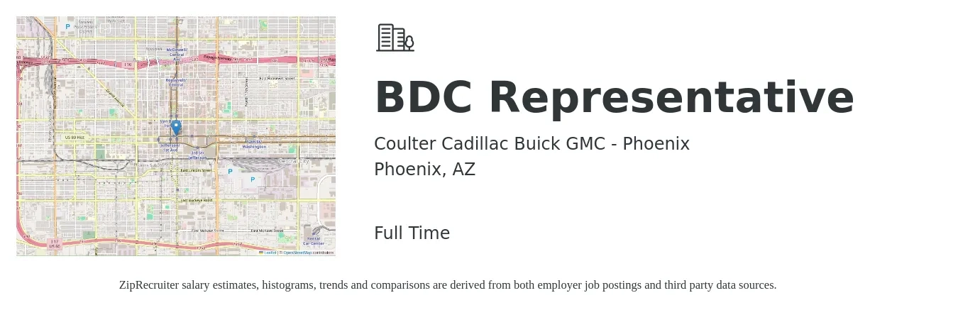 Coulter Cadillac Buick GMC - Phoenix job posting for a BDC Representative in Phoenix, AZ with a salary of $15 to $20 Hourly with a map of Phoenix location.