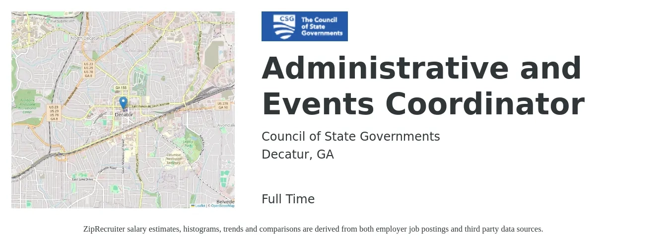 Council of State Governments job posting for a Administrative and Events Coordinator in Decatur, GA with a salary of $19 to $27 Hourly with a map of Decatur location.