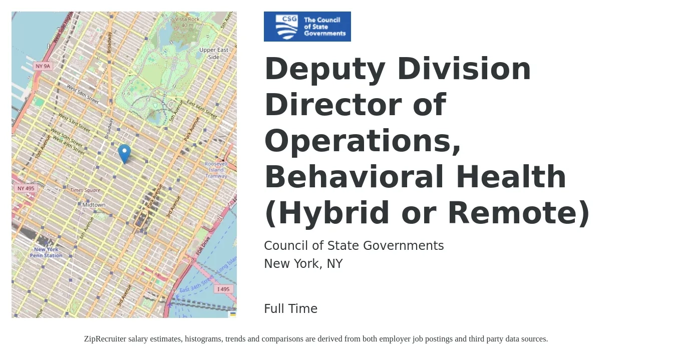 Council of State Governments job posting for a Deputy Division Director of Operations, Behavioral Health (Hybrid or Remote) in New York, NY with a salary of $53 to $88 Hourly with a map of New York location.