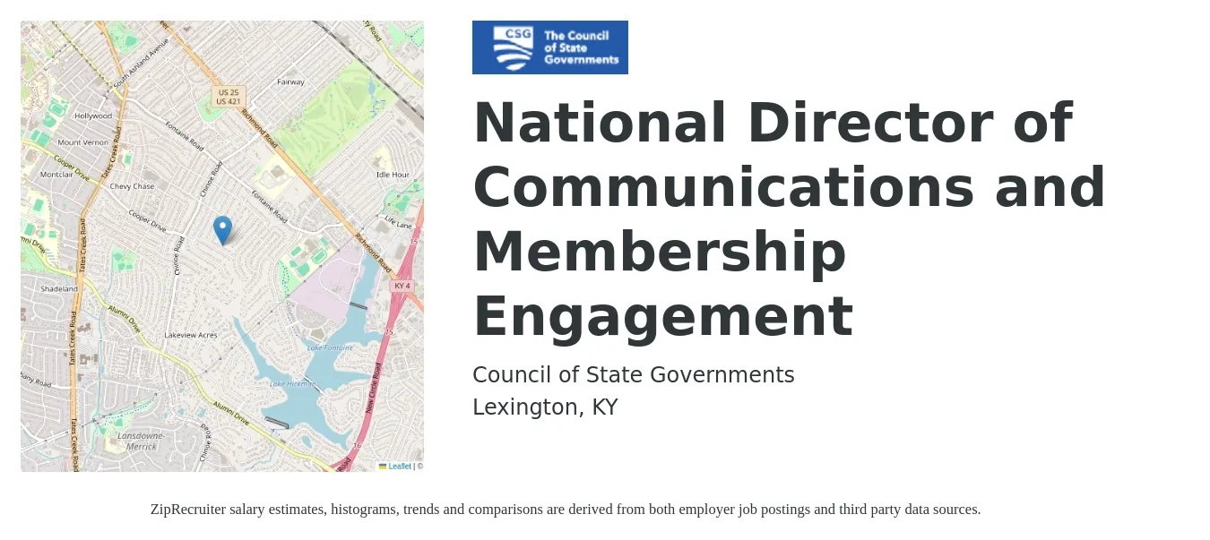 Council of State Governments job posting for a National Director of Communications and Membership Engagement in Lexington, KY with a salary of $64,700 to $110,100 Yearly with a map of Lexington location.