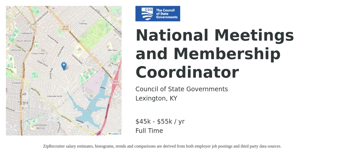 Council of State Governments job posting for a National Meetings and Membership Coordinator in Lexington, KY with a salary of $45,000 to $55,000 Yearly with a map of Lexington location.