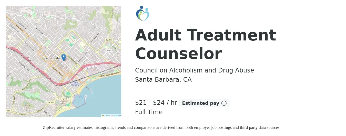 Council on Alcoholism and Drug Abuse job posting for a Adult Treatment Counselor in Santa Barbara, CA with a salary of $22 to $25 Hourly with a map of Santa Barbara location.