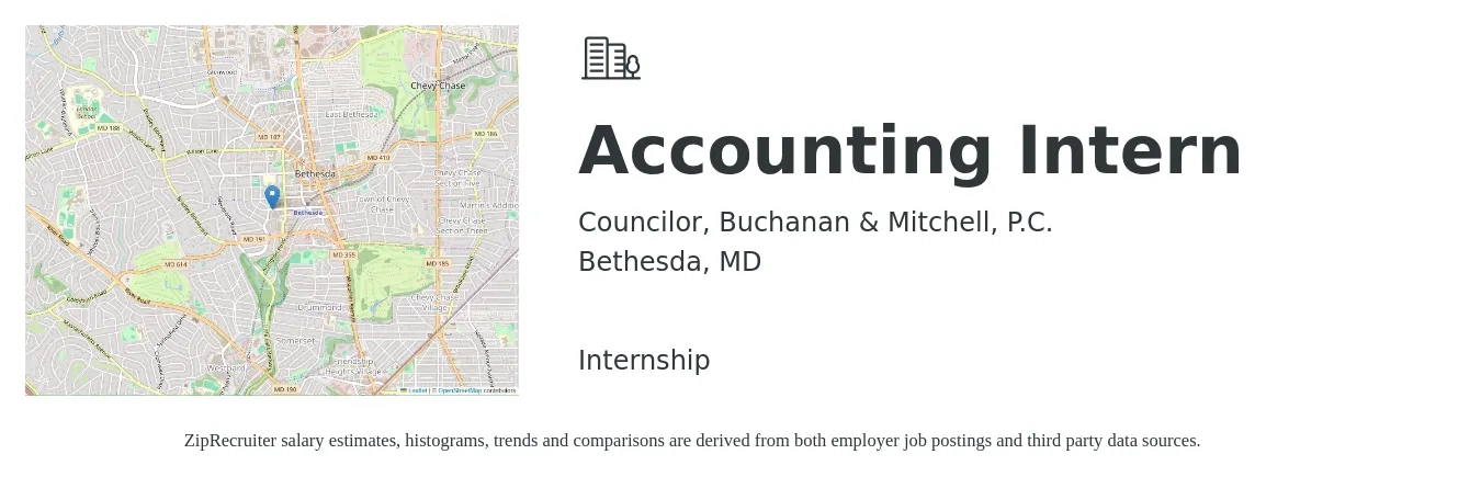 Councilor, Buchanan & Mitchell, P.C. job posting for a Accounting Intern in Bethesda, MD with a salary of $16 to $21 Hourly with a map of Bethesda location.