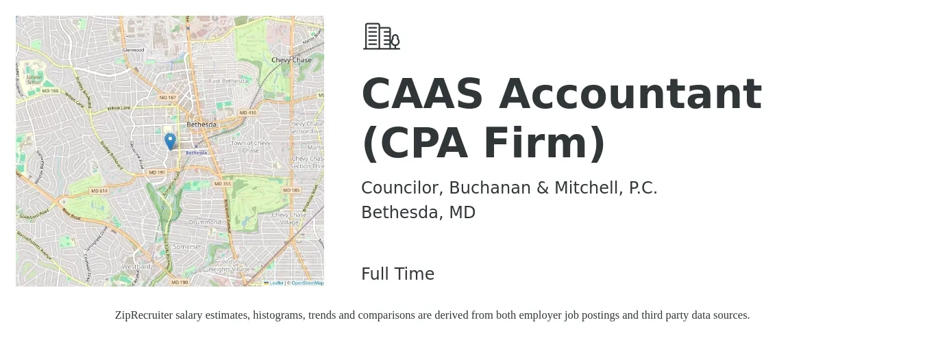 Councilor, Buchanan & Mitchell, P.C. job posting for a CAAS Accountant (CPA Firm) in Bethesda, MD with a salary of $57,100 to $83,800 Yearly with a map of Bethesda location.