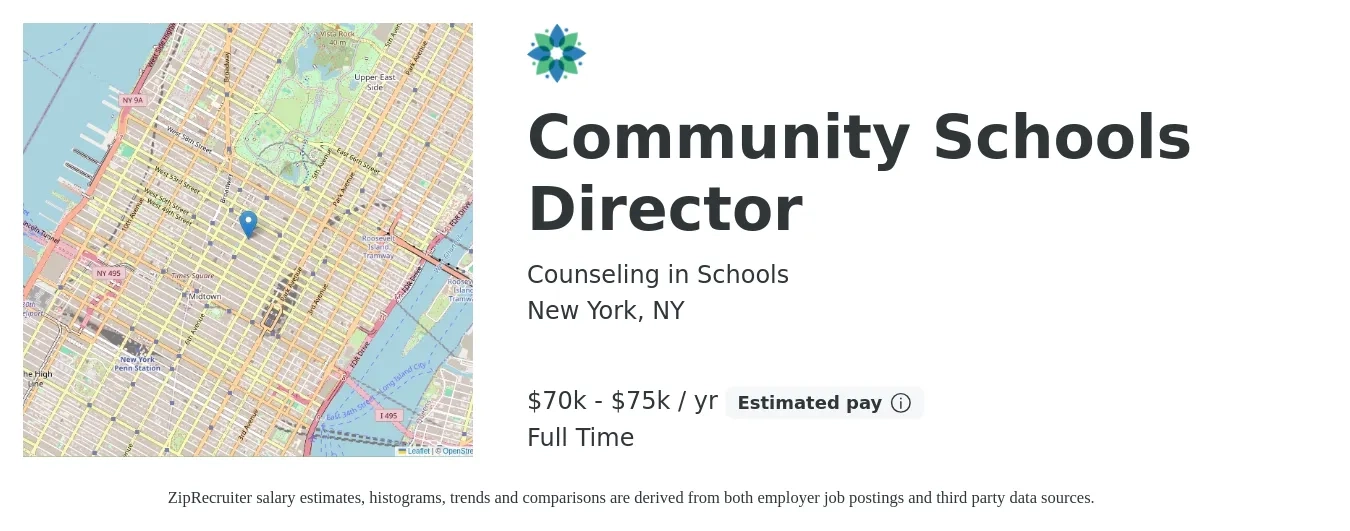 Counseling in Schools job posting for a Community Schools Director in New York, NY with a salary of $70,000 to $75,000 Yearly with a map of New York location.