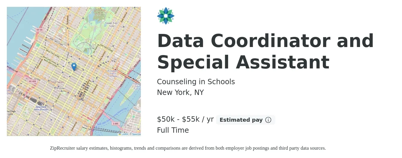 Counseling in Schools job posting for a Data Coordinator and Special Assistant in New York, NY with a salary of $50,000 to $55,000 Yearly with a map of New York location.