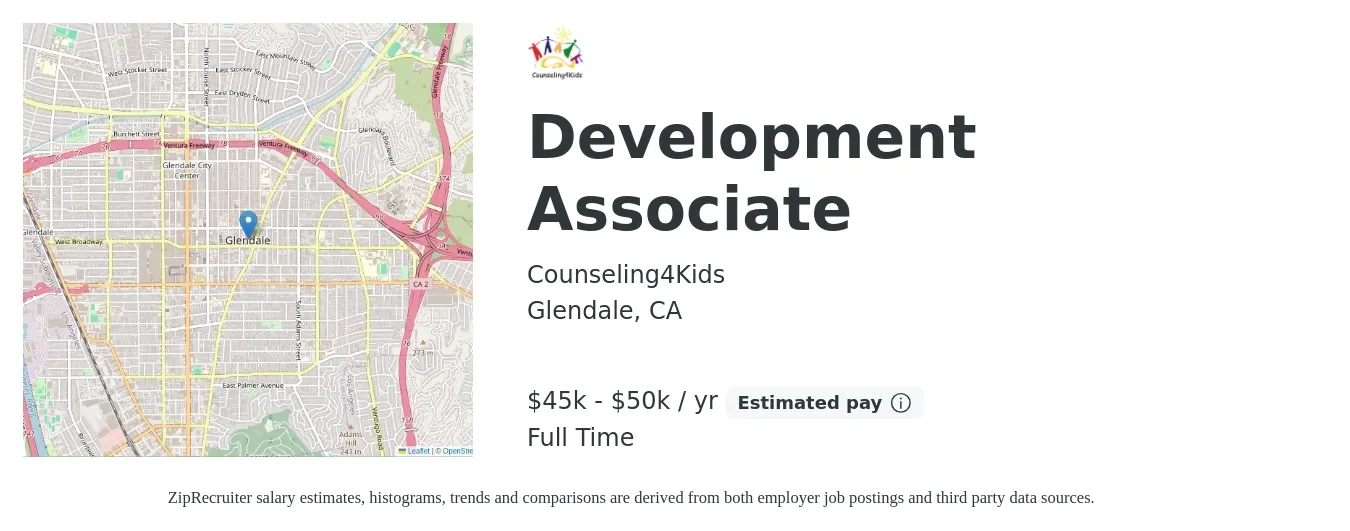 Counseling4Kids job posting for a Development Associate in Glendale, CA with a salary of $45,000 to $50,000 Yearly with a map of Glendale location.