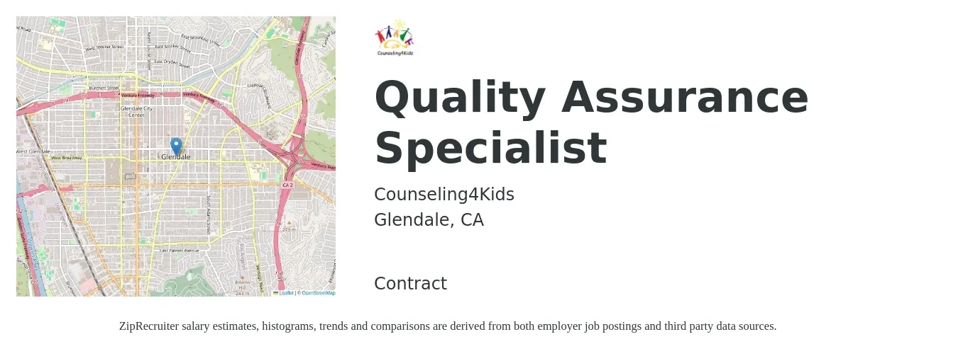 Counseling4Kids job posting for a Quality Assurance Specialist in Glendale, CA with a salary of $21 to $26 Hourly with a map of Glendale location.