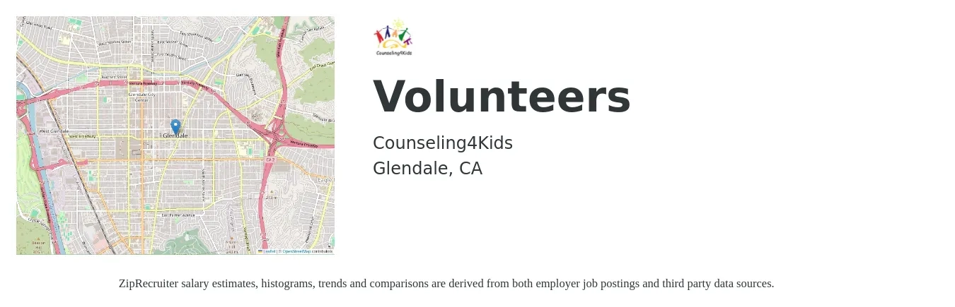 Counseling4Kids job posting for a Volunteers in Glendale, CA with a salary of $16 to $22 Hourly with a map of Glendale location.