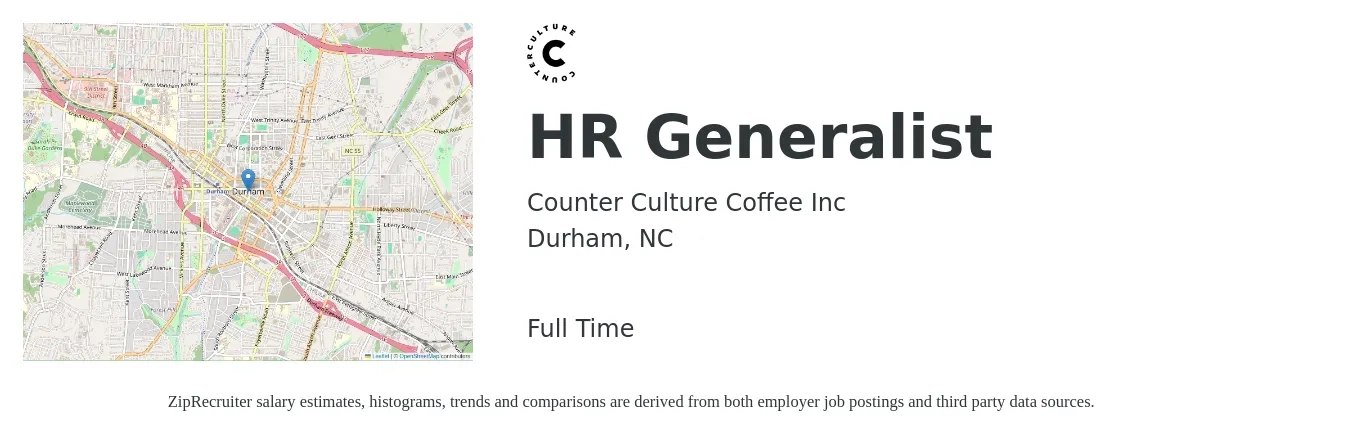 Counter Culture Coffee Inc job posting for a HR Generalist in Durham, NC with a salary of $50,200 to $71,500 Yearly with a map of Durham location.