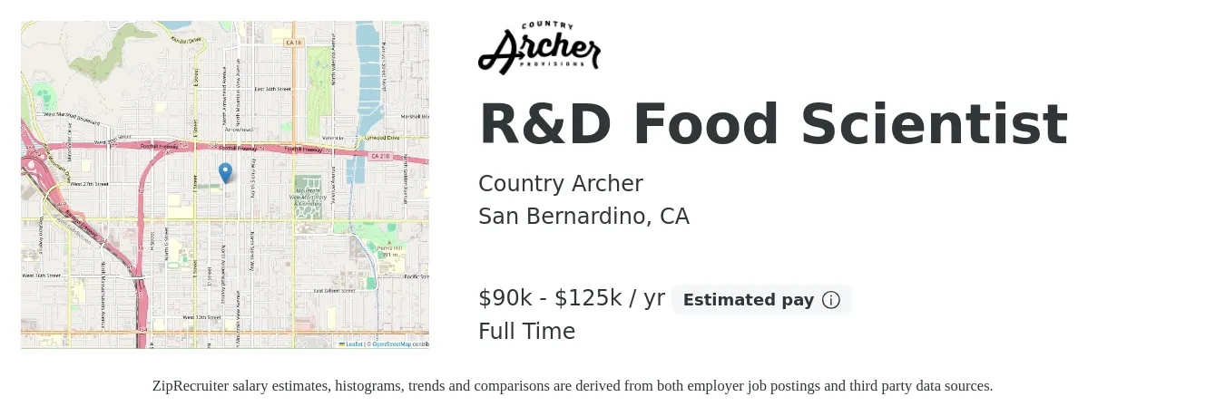 Country Archer job posting for a R&D Food Scientist in San Bernardino, CA with a salary of $90,000 to $125,000 Yearly with a map of San Bernardino location.