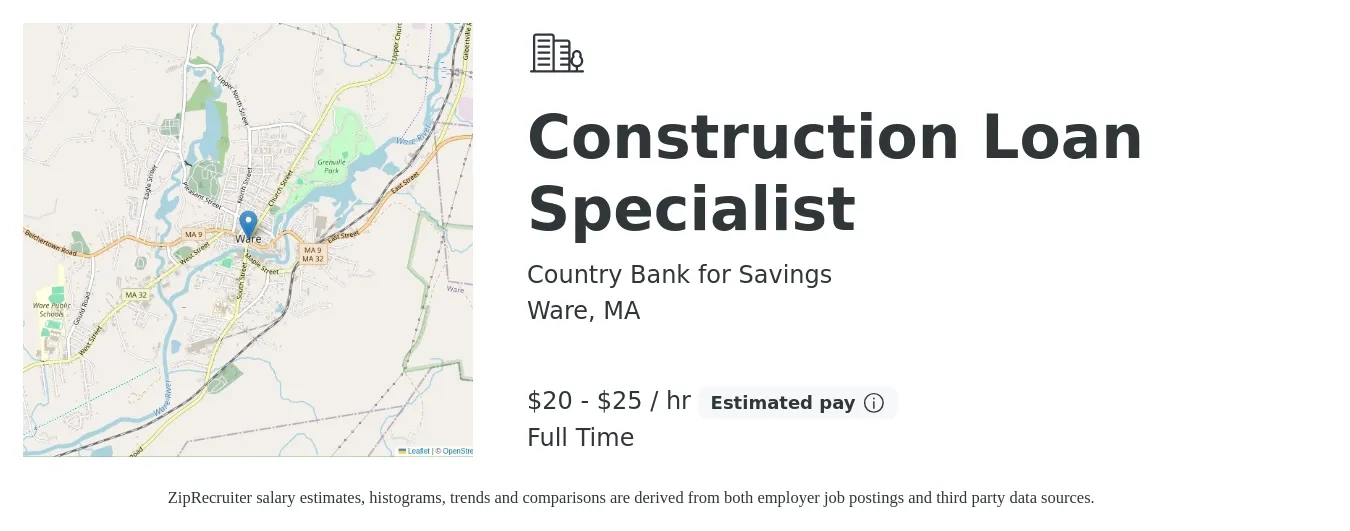 Country Bank for Savings job posting for a Construction Loan Specialist in Ware, MA with a salary of $21 to $26 Hourly with a map of Ware location.