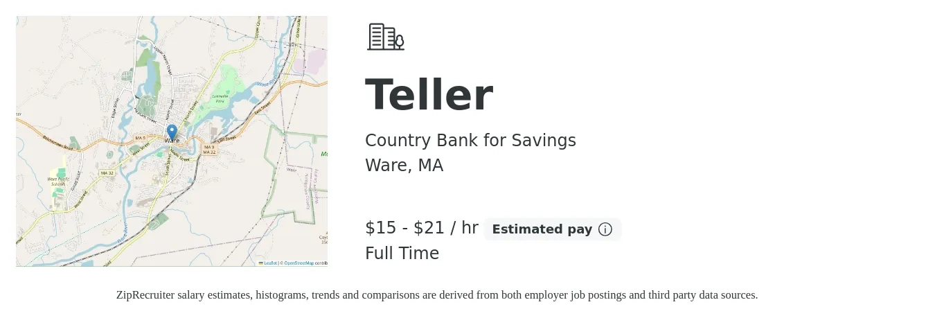 Country Bank for Savings job posting for a Teller in Ware, MA with a salary of $17 Hourly with a map of Ware location.