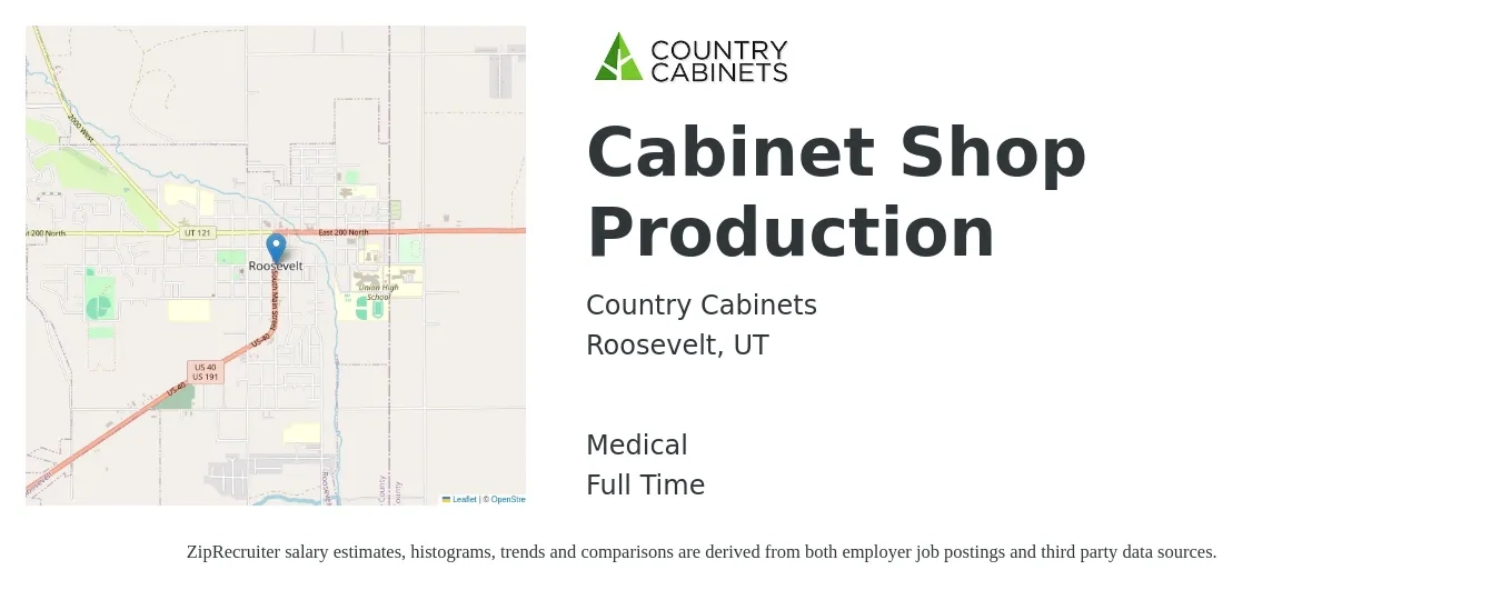Country Cabinets job posting for a Cabinet Shop Production in Roosevelt, UT with a salary of $19 to $26 Hourly and benefits including pto, and medical with a map of Roosevelt location.