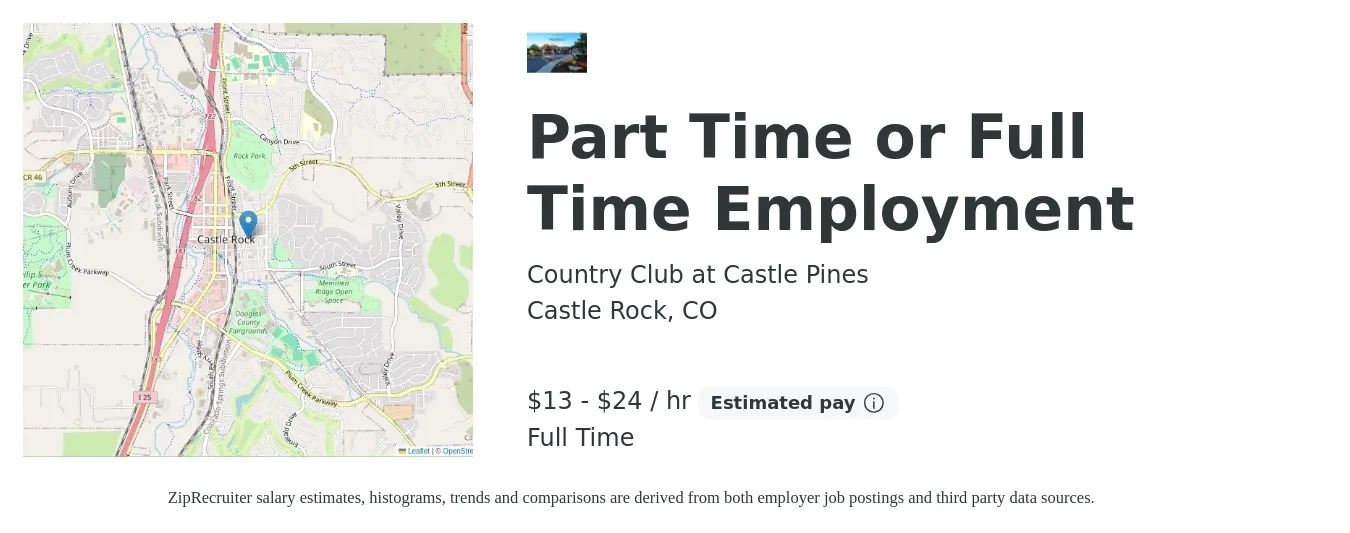Country Club at Castle Pines job posting for a Part Time or Full Time Employment in Castle Rock, CO with a salary of $14 to $25 Hourly with a map of Castle Rock location.