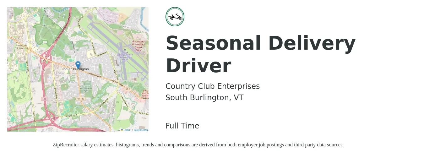Country Club Enterprises job posting for a Seasonal Delivery Driver in South Burlington, VT with a salary of $20 to $22 Hourly with a map of South Burlington location.