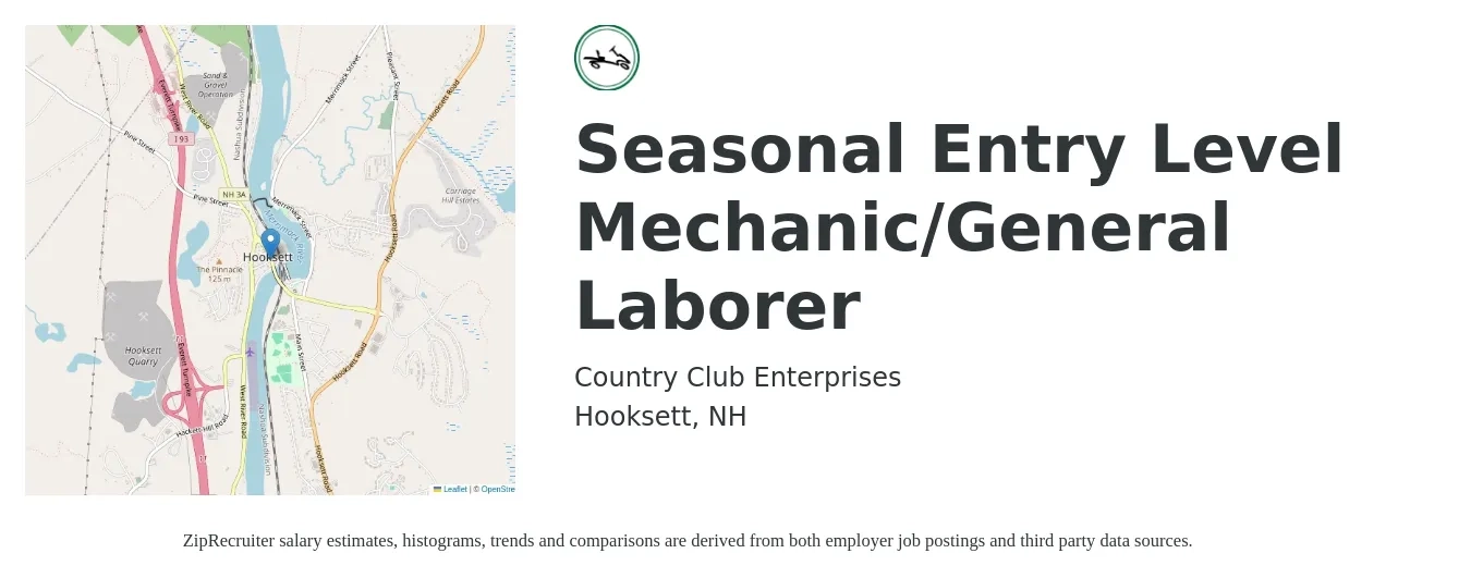 Country Club Enterprises job posting for a Seasonal Entry Level Mechanic/General Laborer in Hooksett, NH with a salary of $18 to $20 Hourly with a map of Hooksett location.
