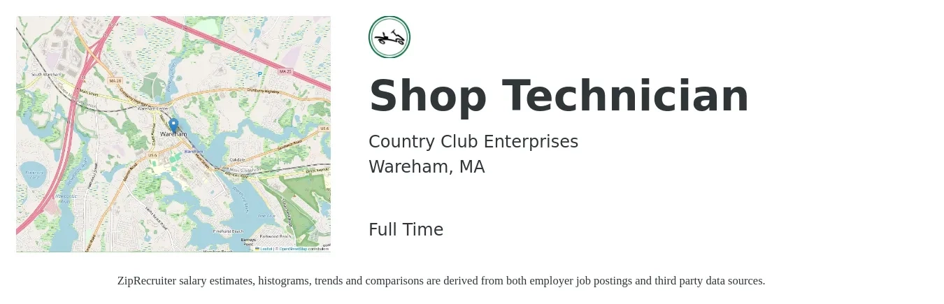 Country Club Enterprises job posting for a Shop Technician in Wareham, MA with a salary of $23 to $27 Hourly with a map of Wareham location.