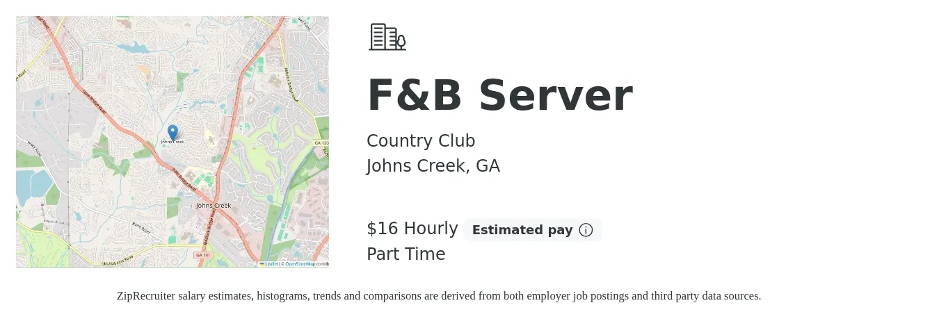 Country Club job posting for a F&B Server in Johns Creek, GA with a salary of $17 Hourly and benefits including retirement with a map of Johns Creek location.