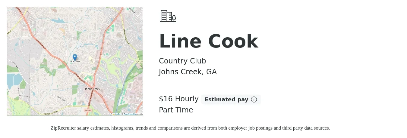 Country Club job posting for a Line Cook in Johns Creek, GA with a salary of $17 Hourly and benefits including retirement with a map of Johns Creek location.