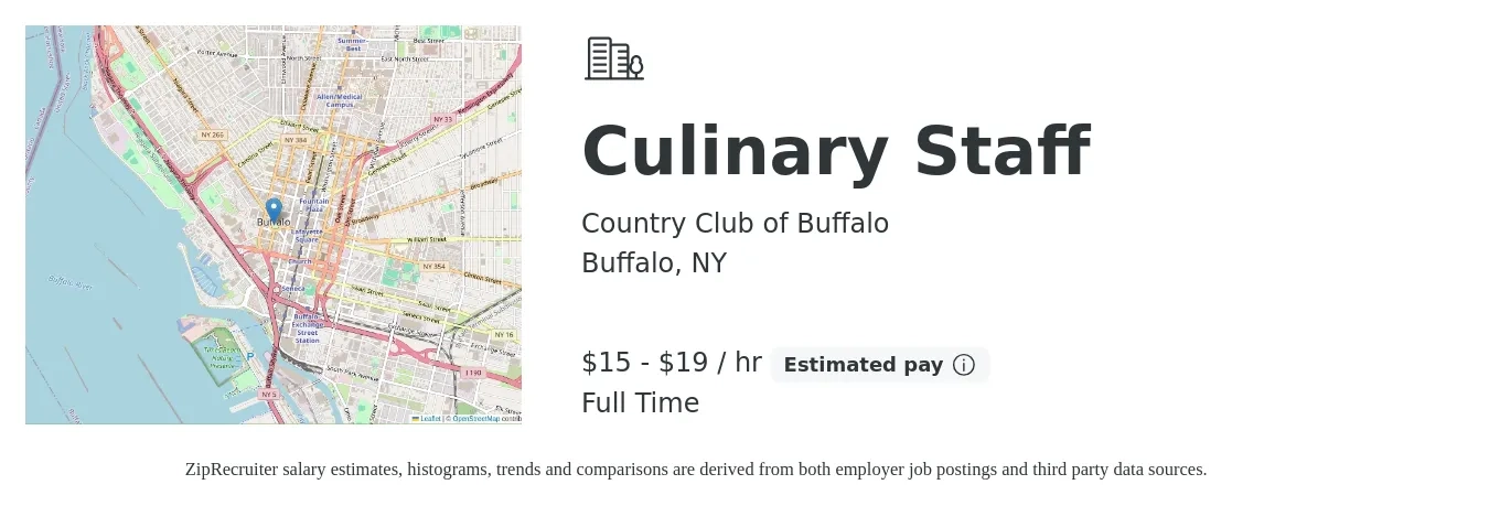Country Club of Buffalo job posting for a Culinary Staff in Buffalo, NY with a salary of $16 to $20 Hourly with a map of Buffalo location.
