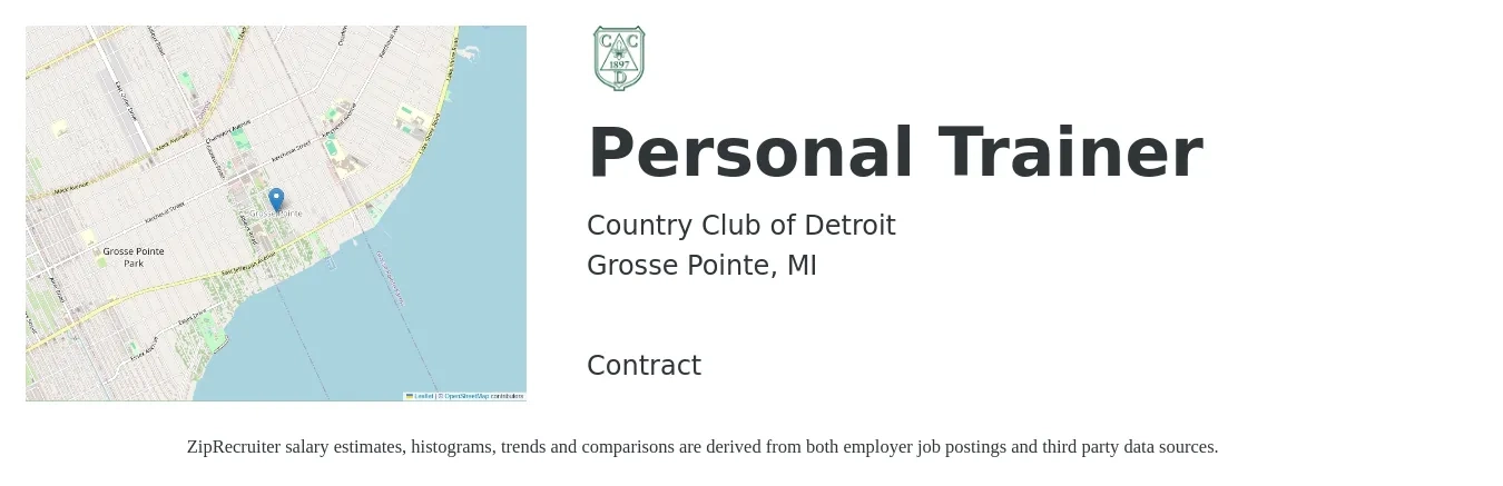 Country Club of Detroit job posting for a Personal Trainer in Grosse Pointe, MI with a salary of $19 to $31 Hourly with a map of Grosse Pointe location.