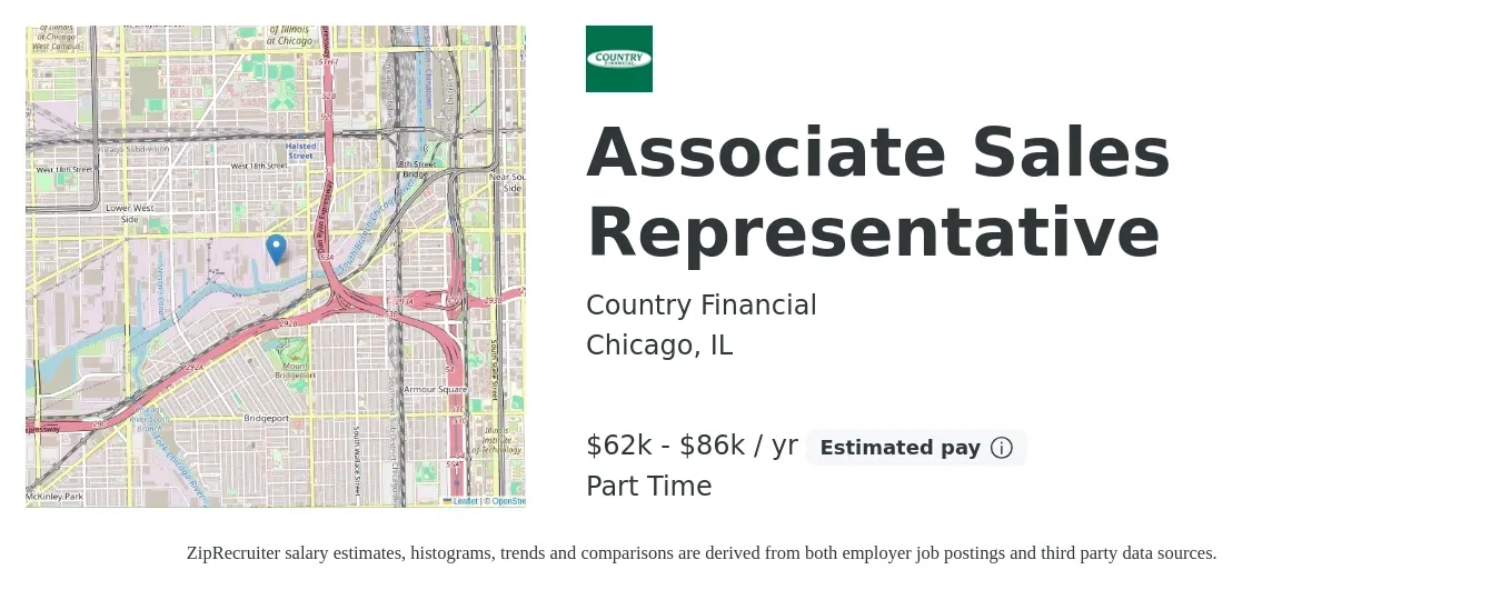 Country Financial job posting for a Associate Sales Representative in Chicago, IL with a salary of $62,640 to $86,640 Yearly with a map of Chicago location.