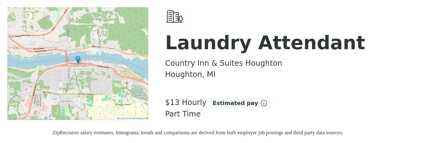 Country Inn & Suites Houghton job posting for a Laundry Attendant in Houghton, MI with a salary of $14 Hourly with a map of Houghton location.