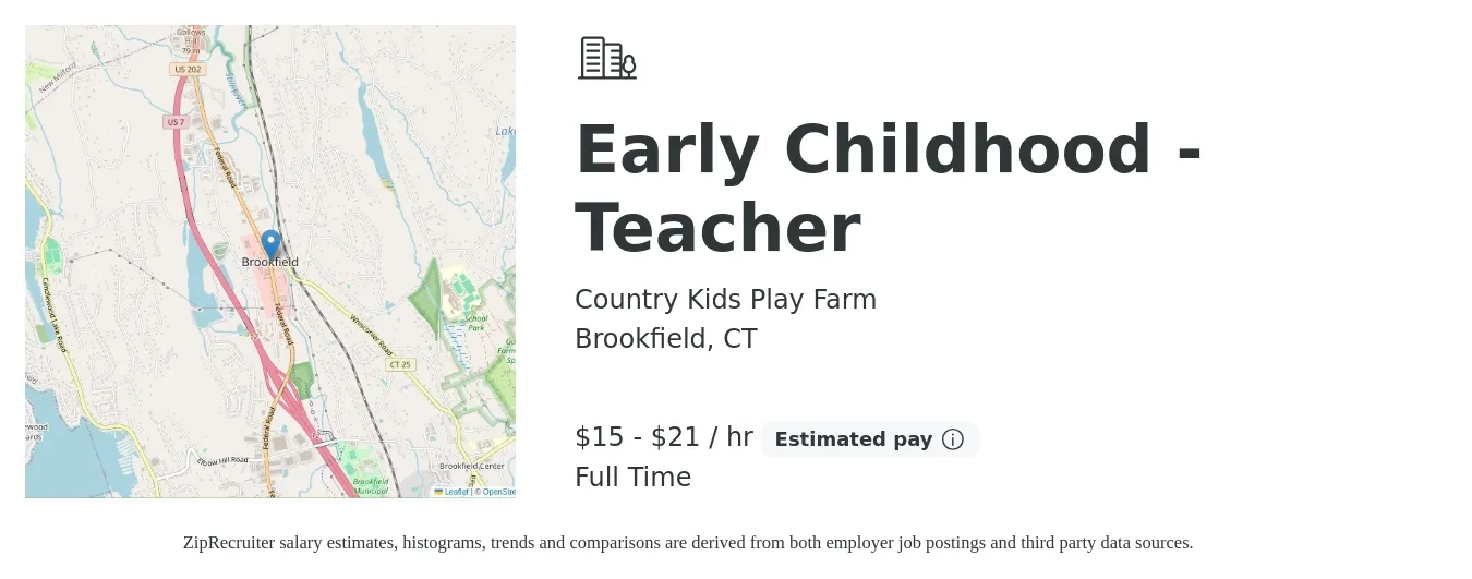 Country Kids Play Farm job posting for a Early Childhood - Teacher in Brookfield, CT with a salary of $16 to $22 Hourly with a map of Brookfield location.