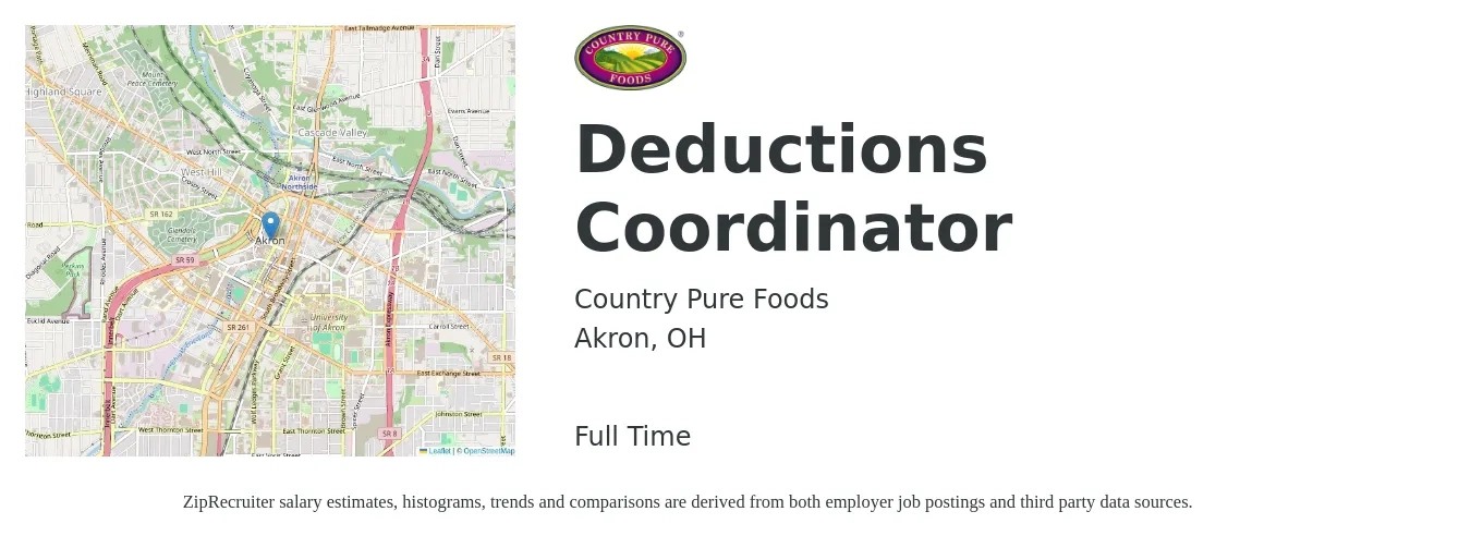Country Pure Foods job posting for a Deductions Coordinator in Akron, OH with a salary of $19 to $25 Hourly with a map of Akron location.