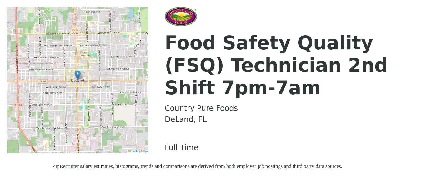 Country Pure Foods job posting for a Food Safety Quality (FSQ) Technician 2nd Shift 7pm-7am in DeLand, FL with a salary of $15 to $19 Hourly with a map of DeLand location.