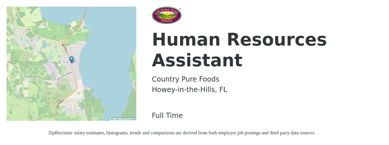 Country Pure Foods job posting for a Human Resources Assistant in Howey-in-the-Hills, FL with a salary of $30,600 to $39,200 Yearly with a map of Howey-in-the-Hills location.