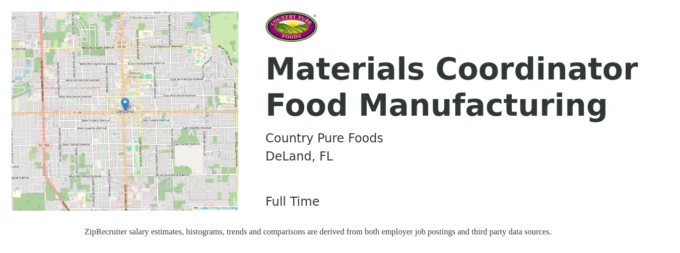Country Pure Foods job posting for a Materials Coordinator Food Manufacturing in DeLand, FL with a salary of $16 to $23 Hourly with a map of DeLand location.