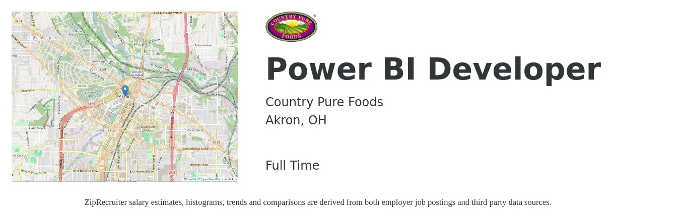 Country Pure Foods job posting for a Power BI Developer in Akron, OH with a salary of $44 to $61 Hourly with a map of Akron location.