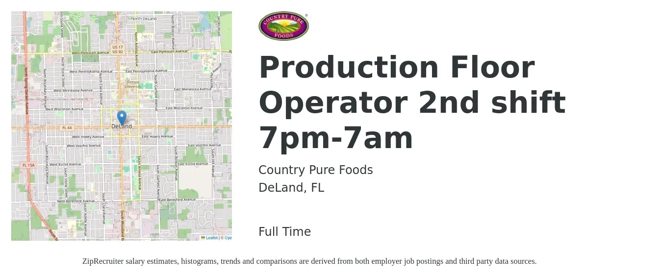 Country Pure Foods job posting for a Production Floor Operator 2nd shift 7pm-7am in DeLand, FL with a salary of $14 to $16 Hourly with a map of DeLand location.