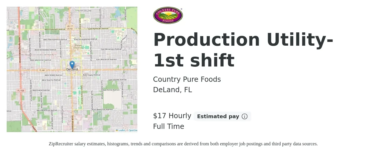 Country Pure Foods job posting for a Production Utility- 1st shift in DeLand, FL with a salary of $18 Hourly with a map of DeLand location.