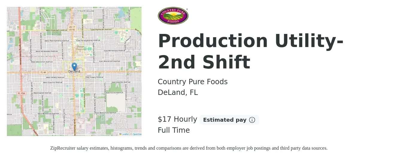 Country Pure Foods job posting for a Production Utility- 2nd Shift in DeLand, FL with a salary of $18 Hourly with a map of DeLand location.