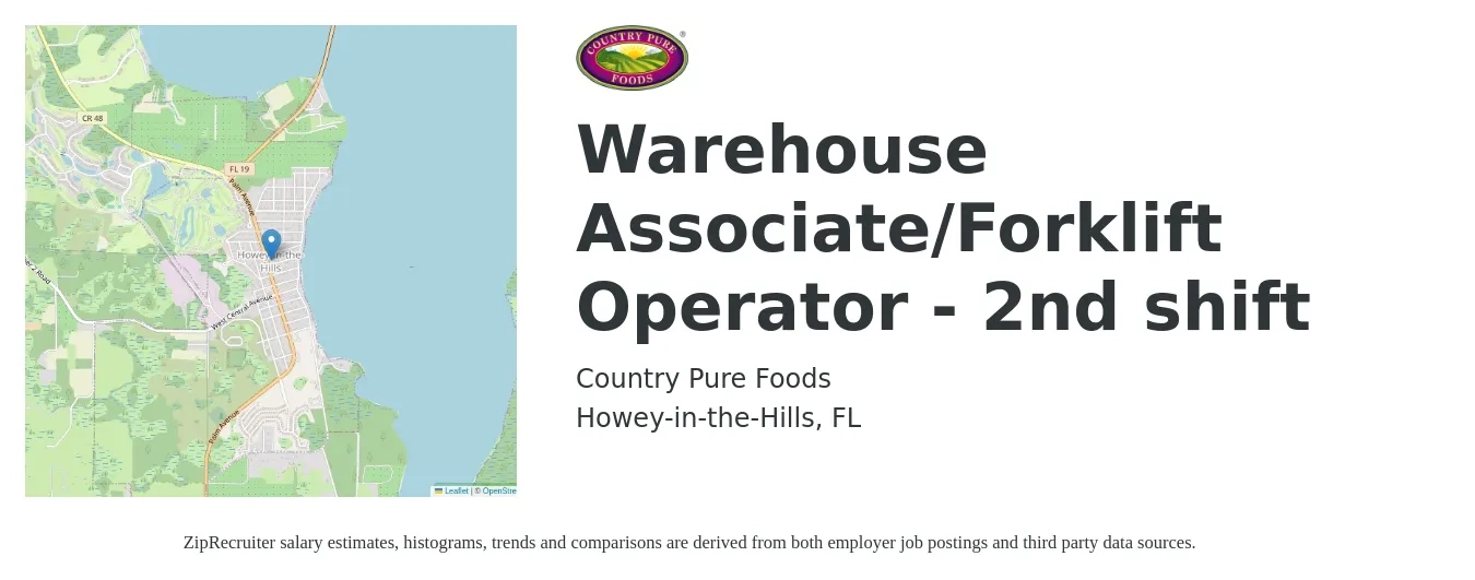 Country Pure Foods job posting for a Warehouse Associate/Forklift Operator - 2nd shift in Howey-in-the-Hills, FL with a salary of $14 to $16 Hourly with a map of Howey-in-the-Hills location.