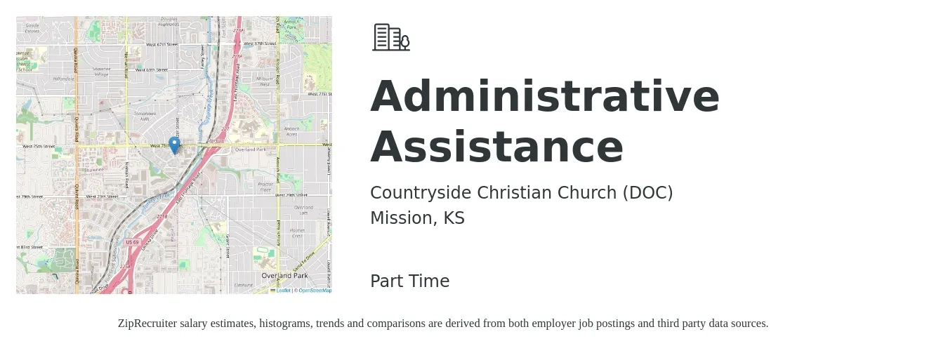 Countryside Christian Church (DOC) job posting for a Administrative Assistance in Mission, KS with a salary of $300 to $400 Weekly and benefits including pto with a map of Mission location.
