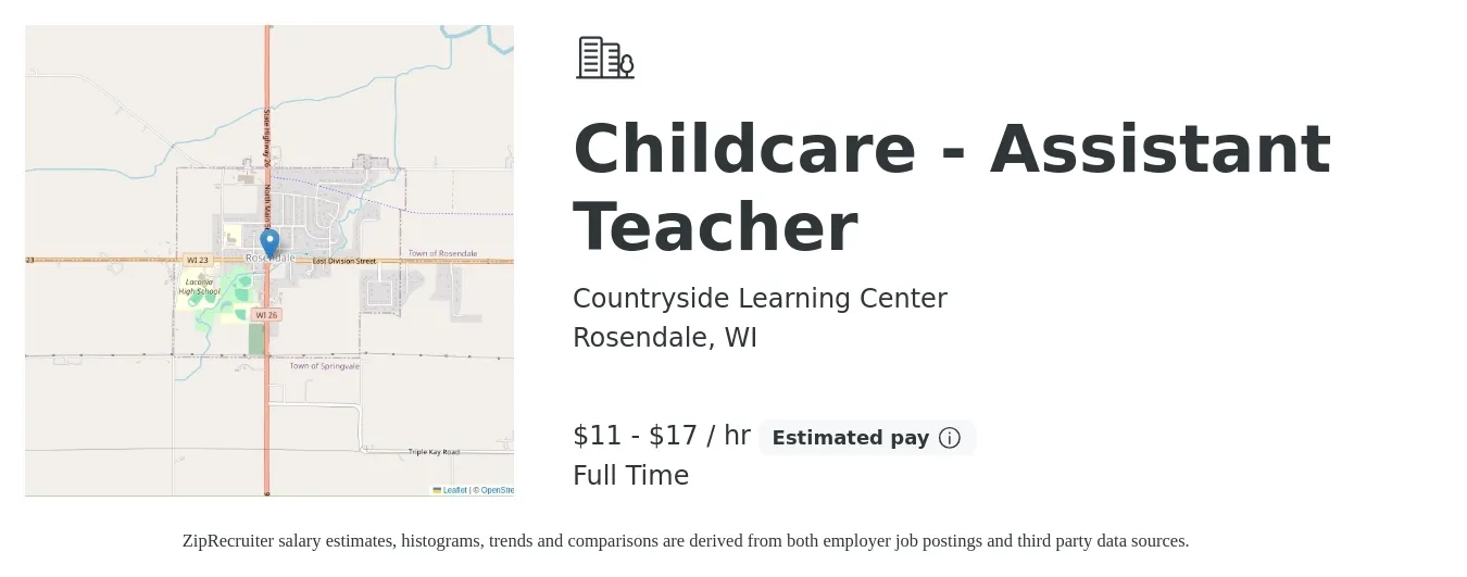 Countryside Learning Center job posting for a Childcare - Assistant Teacher in Rosendale, WI with a salary of $12 to $18 Hourly with a map of Rosendale location.