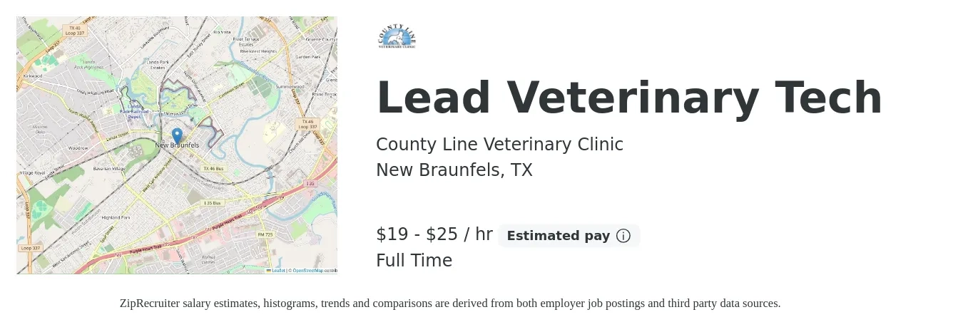 County Line Veterinary Clinic job posting for a Lead Veterinary Tech in New Braunfels, TX with a salary of $20 to $26 Hourly with a map of New Braunfels location.