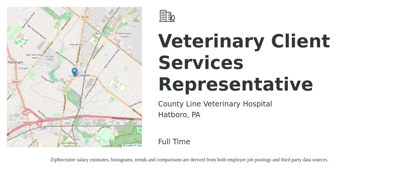 County Line Veterinary Hospital job posting for a Veterinary Client Services Representative in Hatboro, PA with a salary of $16 to $22 Hourly with a map of Hatboro location.