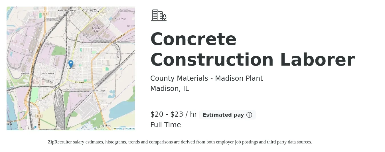County Materials - Madison Plant job posting for a Concrete Construction Laborer in Madison, IL with a salary of $21 to $24 Hourly with a map of Madison location.