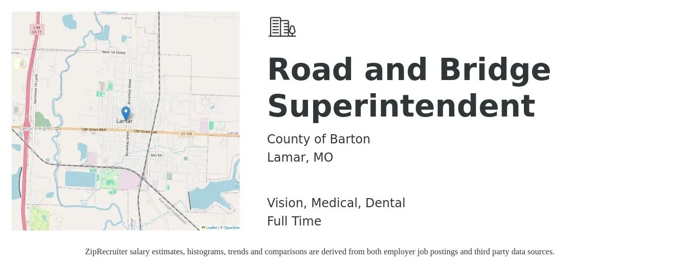 County of Barton job posting for a Road and Bridge Superintendent in Lamar, MO with a salary of $66,800 to $108,700 Yearly and benefits including dental, life_insurance, medical, pto, retirement, and vision with a map of Lamar location.
