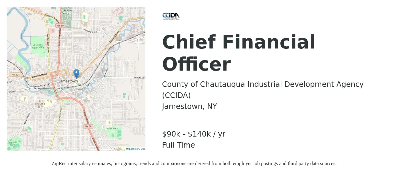 County of Chautauqua Industrial Development Agency job posting for a Chief Financial Officer in Jamestown, NY with a salary of $90,000 to $140,000 Yearly with a map of Jamestown location.