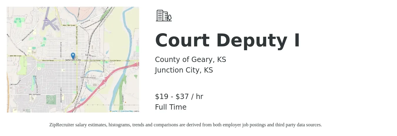 County of Geary, KS job posting for a Court Deputy I in Junction City, KS with a salary of $20 to $39 Hourly with a map of Junction City location.