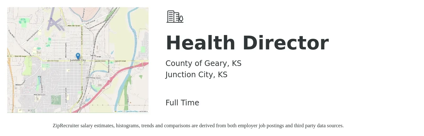 County of Geary, KS job posting for a Health Director in Junction City, KS with a salary of $74,400 to $110,100 Yearly with a map of Junction City location.