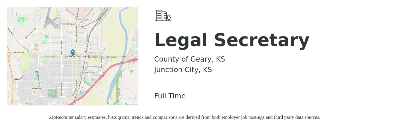 County of Geary, KS job posting for a Legal Secretary in Junction City, KS with a salary of $40,900 to $55,800 Yearly with a map of Junction City location.